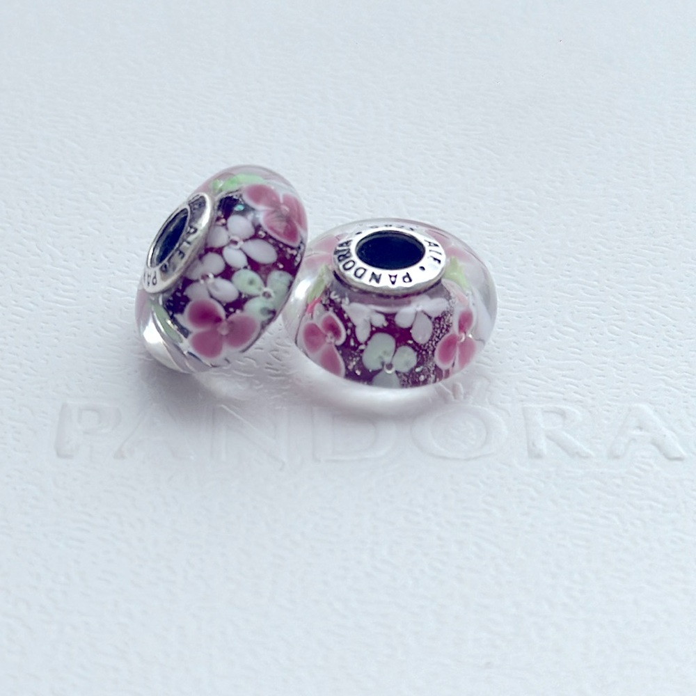 Pandora Pink and Silver Charm Bracelet, Spring Flower Garden Murano Glass Charm - Picture 3 of 5